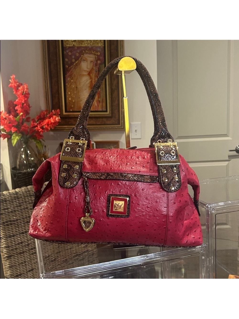 Sharif Red Ostrich Embossed Leather Satchel with Brown Croc Trim & Bag Charm EUC